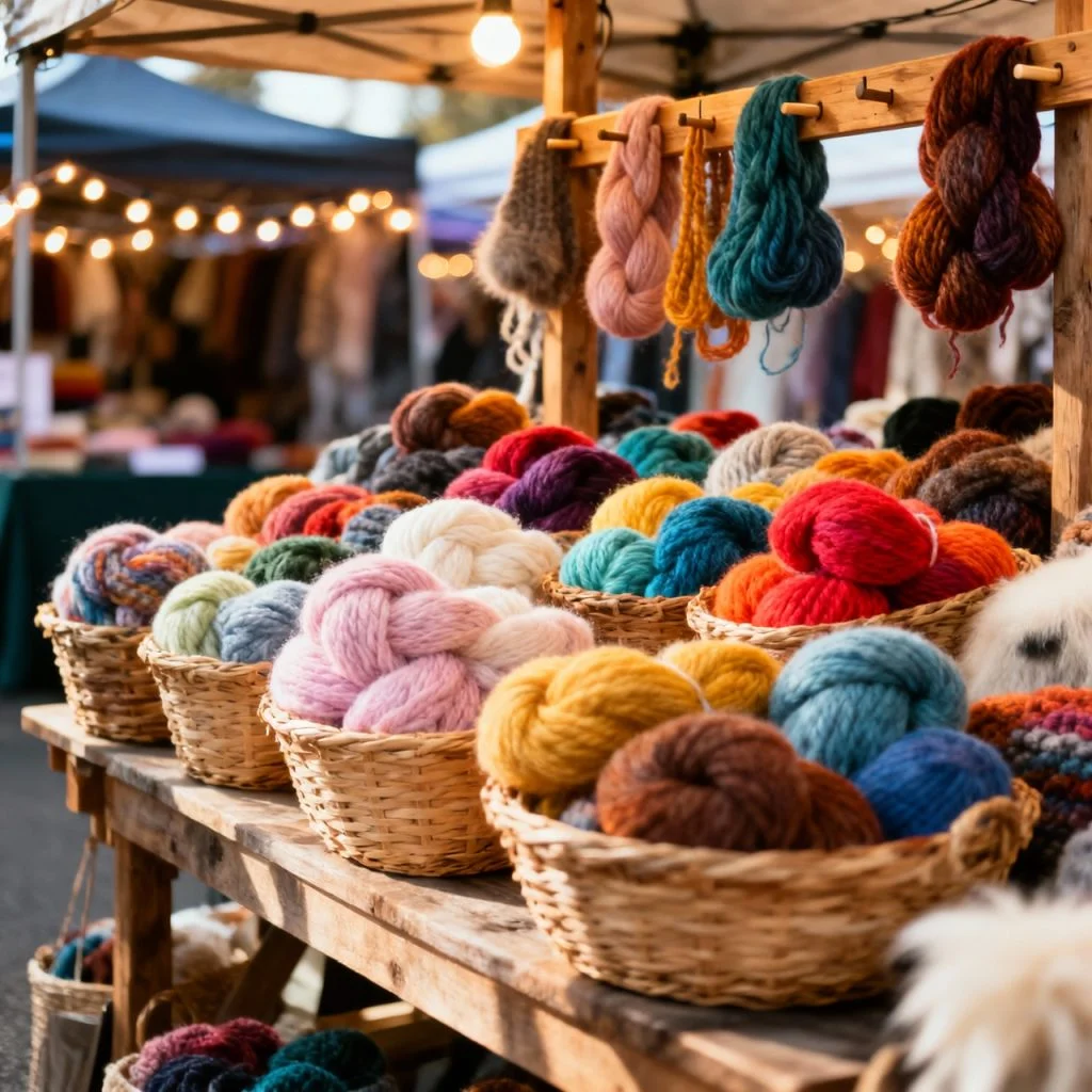 Baskets filled with colorful yarn balls are displayed on a wooden table at an outdoor market, hinting at upcoming crochet events, with tents and string lights glowing in the background.