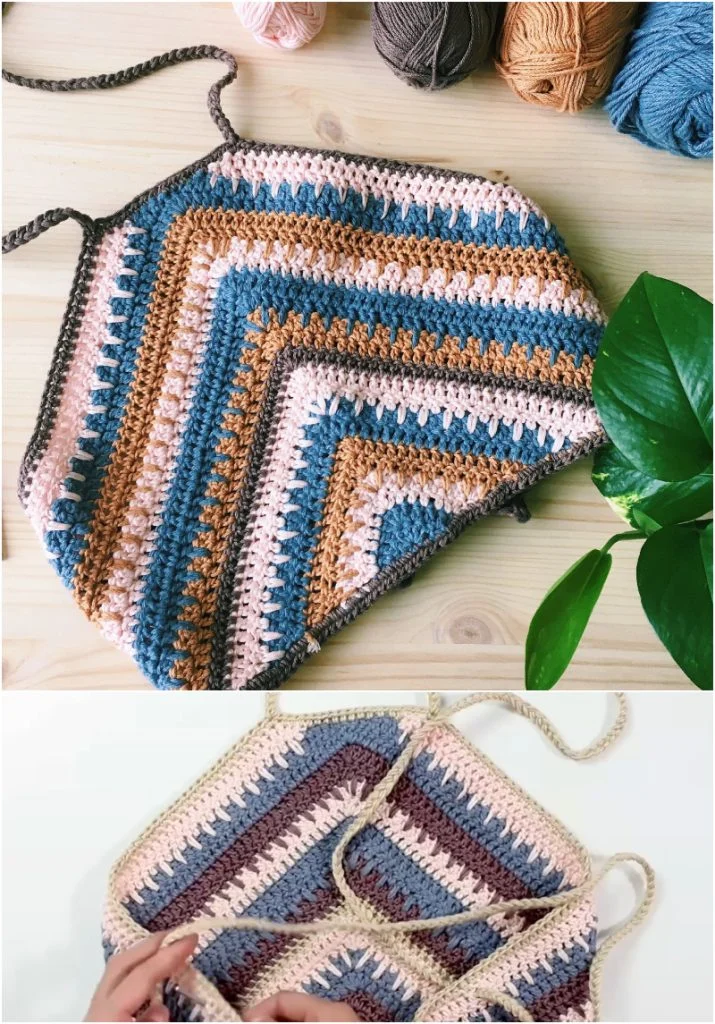 Two images feature a crocheted, multicolored geometric pattern with yarn balls in the background and hands adjusting the finished piece—perfect inspiration for your handmade wardrobe or next project using free patterns. A green plant appears in the first image.