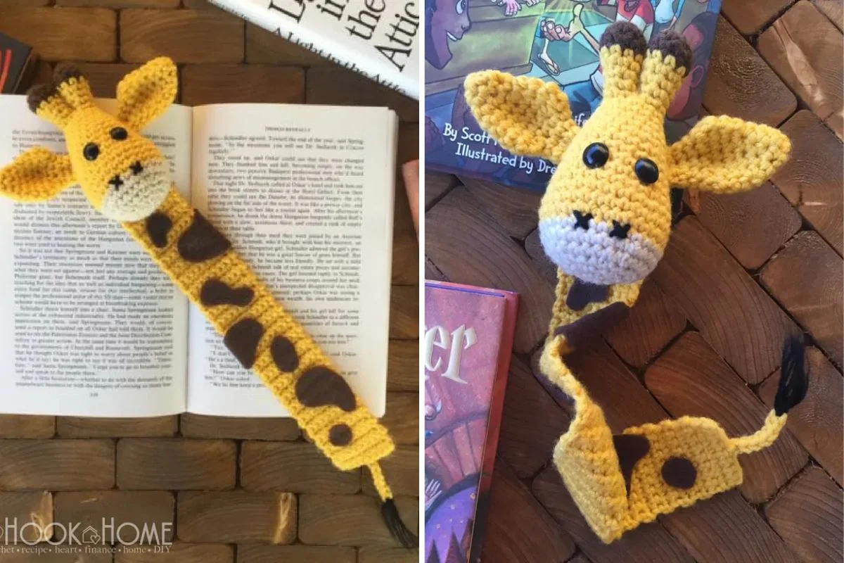 Two crocheted giraffe bookmarks are displayed on open books, one lying flat and straight, the other twisted in a playful pose.