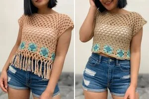 Two side-by-side images of a woman in a boho-inspired crocheted tan crop top with blue and green flower accents and ripped denim shorts. One crop top features fringe at the bottom, while the other has a clean edge.