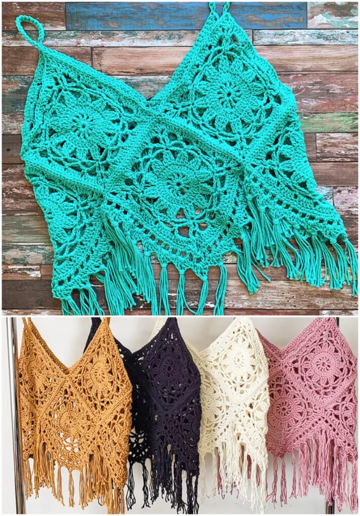 Two images show crochet boho tops with fringe, featuring a geometric and floral square motif. The tops, perfect for your handmade wardrobe, are displayed in various colors: turquoise, mustard, black, cream, and mauve.