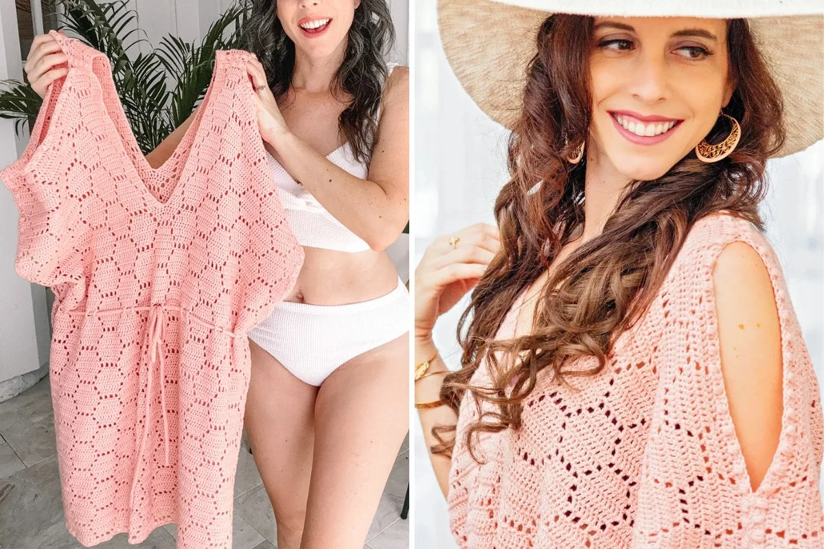 Woman holds up a pink crocheted dress in one image; in the other, a woman wears the same dress, smiling and accessorized with a hat and earrings.