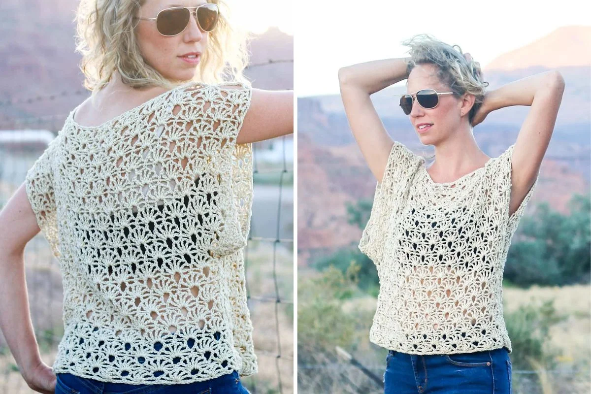Woman wearing sunglasses and a cream-colored, short-sleeve, crocheted Crop Boho Top over a black tank top, shown from both back and front outdoors.