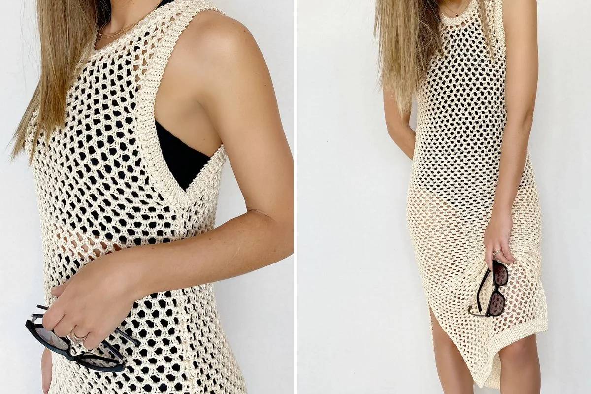 A woman wearing a sleeveless, beige crochet dress over a black undergarment holds sunglasses in one hand, shown from the waist up and full length.