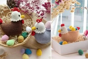 Two photos show Silly Hens crocheted with colorful eggs, arranged in baskets and boxes, with dried flowers in the background.