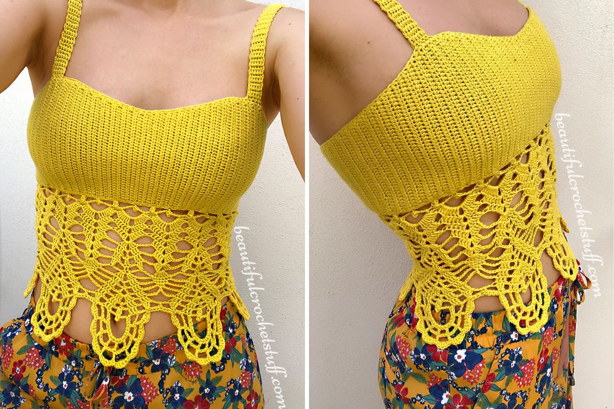 A person wearing a yellow Crop Boho Top featuring a solid upper section and lacy openwork bottom, paired with colorful floral shorts.