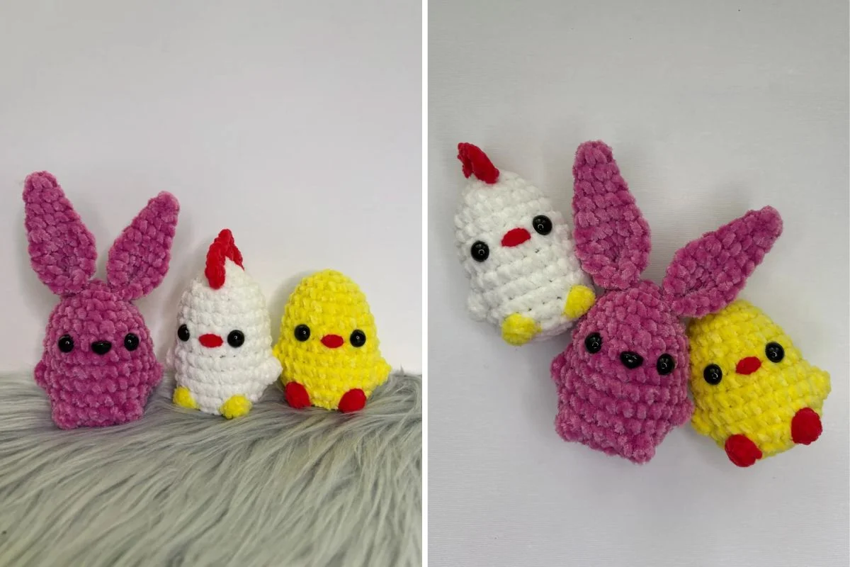 Three crocheted plush toys—a pink bunny, a white chicken with a red comb, and a yellow chick—are displayed on a furry gray surface and a white background.