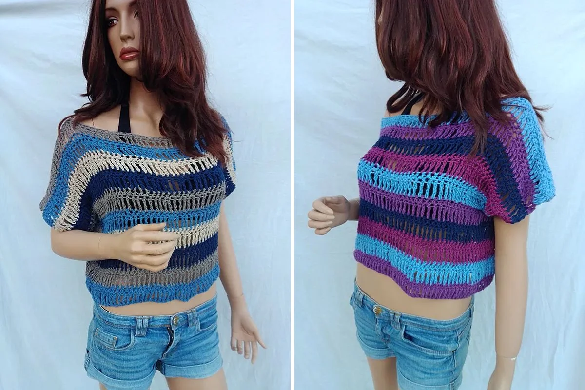 A mannequin wearing denim shorts and two different striped, crocheted crop tops: one in blue and beige tones, the other in blue, purple, and magenta tones.