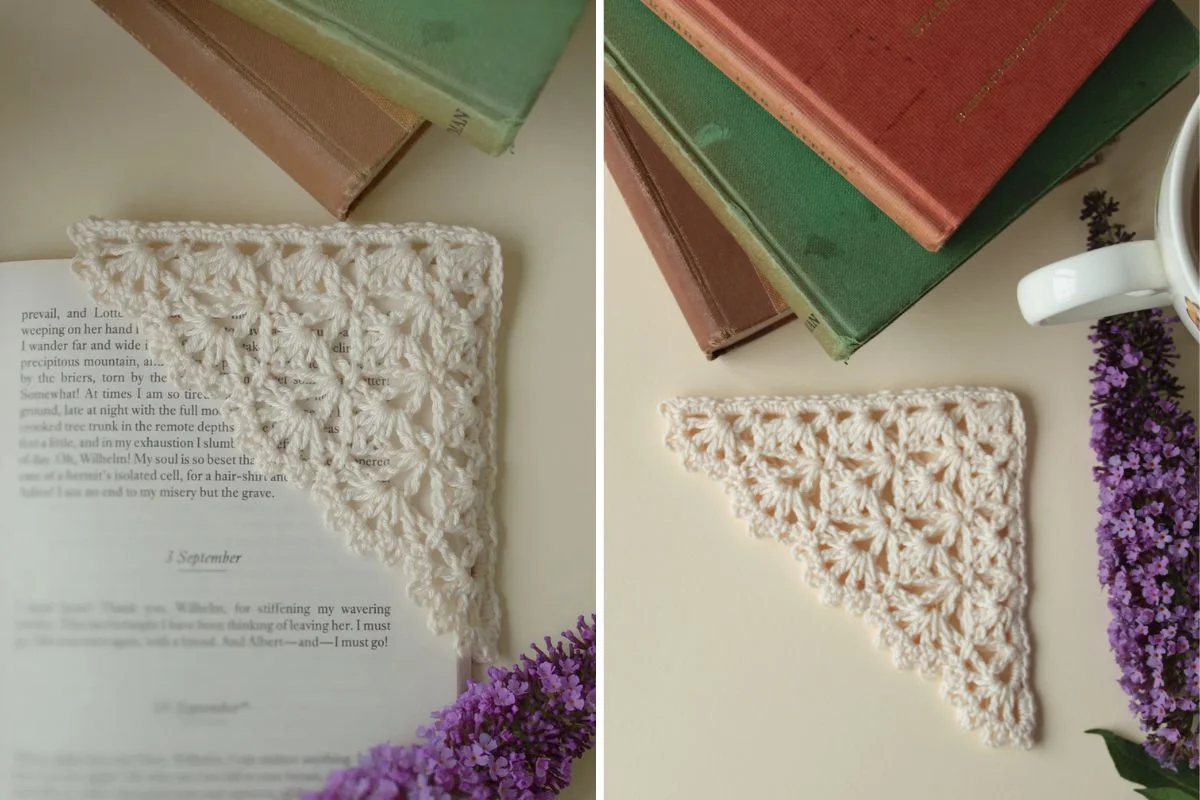 a lace crochet corner bookmark in white