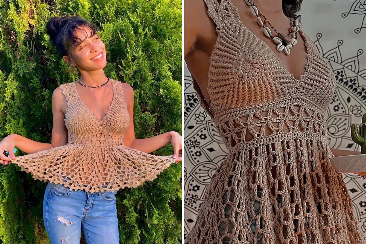 A woman wears a beige crocheted peplum top with a flared, openwork pattern, posing outdoors in one image and showing a close-up of the primrose-inspired details in another.