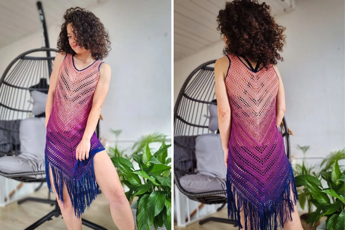 A person with curly hair wears a sleeveless, ombre crochet Sea Breeze Cover Up with fringe, standing indoors near green plants. The image shows both front and back views.