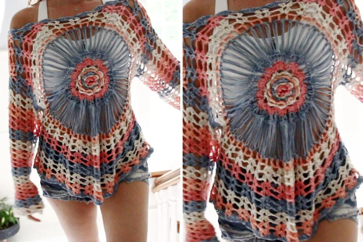A person wearing a loose, multicolored boho top with a circular pattern in the center and denim shorts—perfect for summer days at the beach.