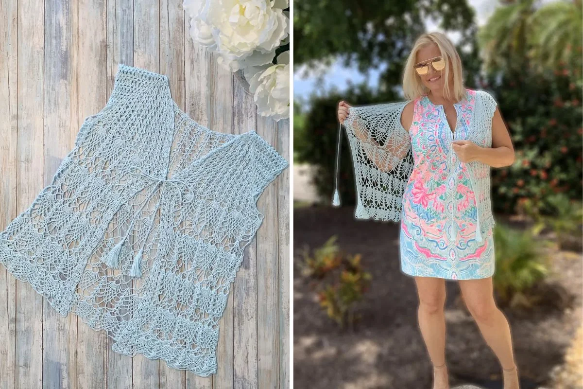 A light blue, crocheted Summer Love Vest displayed on a wooden surface, and a woman wearing the same vest over a colorful dress outdoors.
