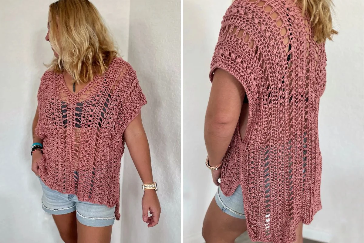 Woman wearing a loose, pink crochet top over a black tank and denim shorts, shown from the front and back against a plain white wall.