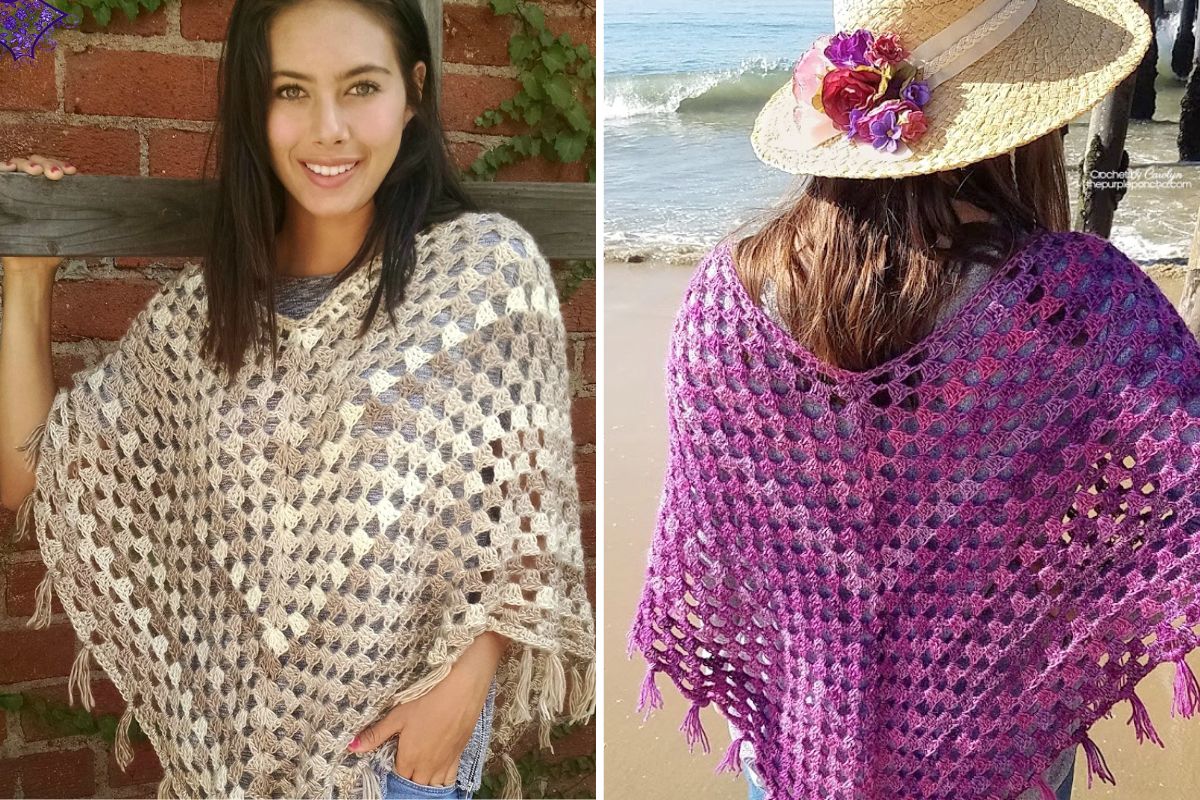 Split image showing a woman in a timeless beige crochet poncho by a brick wall on the left, and another woman in a purple crochet poncho and straw hat, capturing boho vibes, on a beach on the right.