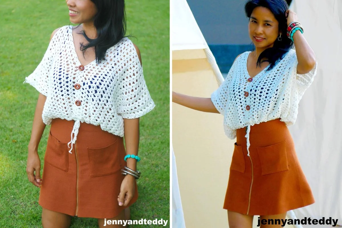 A chic woman wearing a white crochet short-sleeve cardigan with brown buttons and a rust-colored skirt with front pockets for a touch of boho flair.