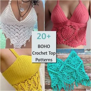 Collage of four crochet boho tops in white, pink, yellow, and turquoise, with the text "20+ BOHO Crochet Top Patterns" in the center.