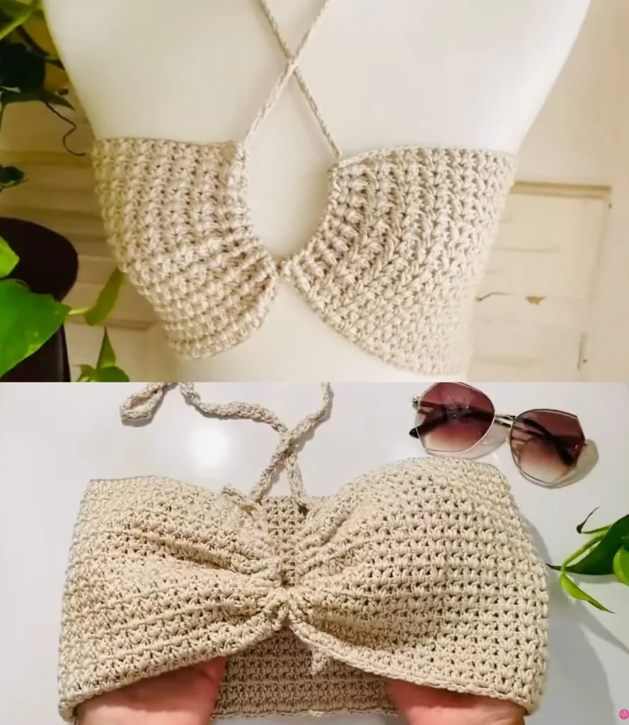 Two views of a beige crochet halter top: the top image shows the Crochet Top on a mannequin, while the bottom image displays it laid flat next to sunglasses—perfect for a boho look.
