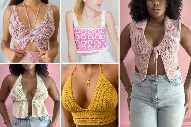 Five women model different styles of crochet tops in various colors and designs, including halter, tank, and tie-front styles—perfect inspiration if you're looking for ideas on how to crochet a top yourself.