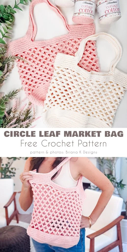 Two crocheted market bags, one pink and one cream, are shown lying flat and being held by a person; both have a lacy, leaf-like pattern.