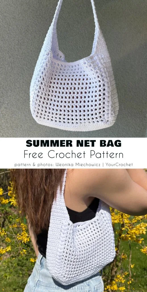 A white crocheted net bag is shown hanging and also worn over a woman's shoulder outdoors. Text reads: "SUMMER NET BAG Free Crochet Pattern.