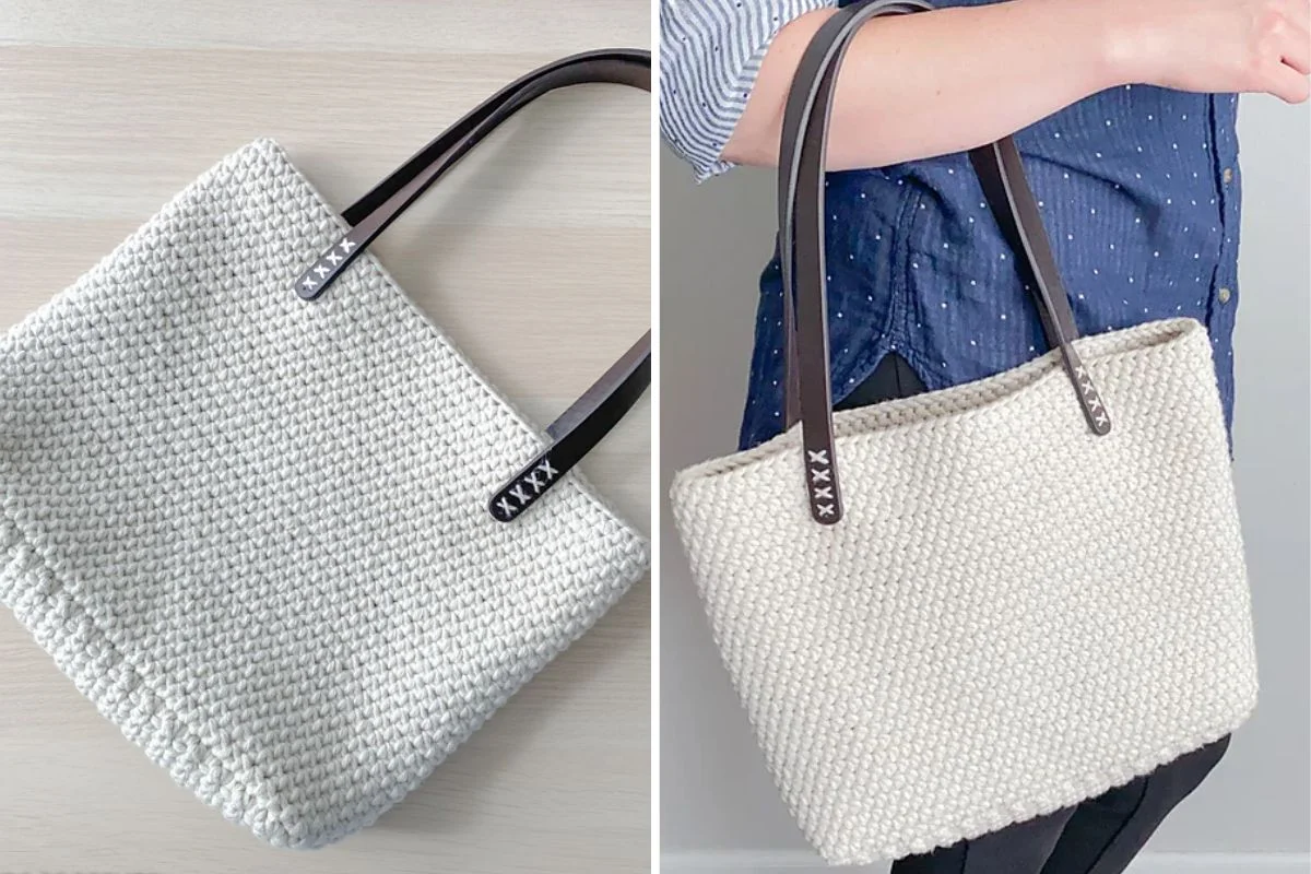 A cream-colored crochet Belmont Shoulder Bag with dark handles is shown on a flat surface and being carried on a person's shoulder.