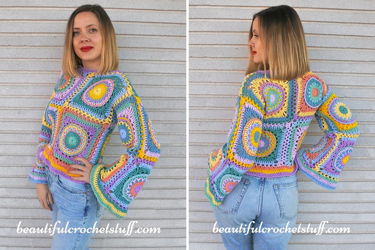 Woman wearing a colorful crochet sweater with square and circular patterns, posing front and back against a light brick wall.