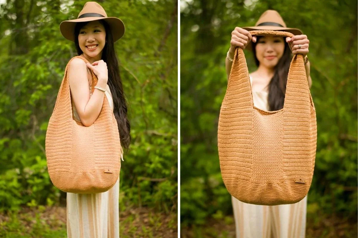 A woman in a hat stands outdoors holding the spacious Camellia Tote Bag, showcasing its tan, knitted texture and generous size from two angles.