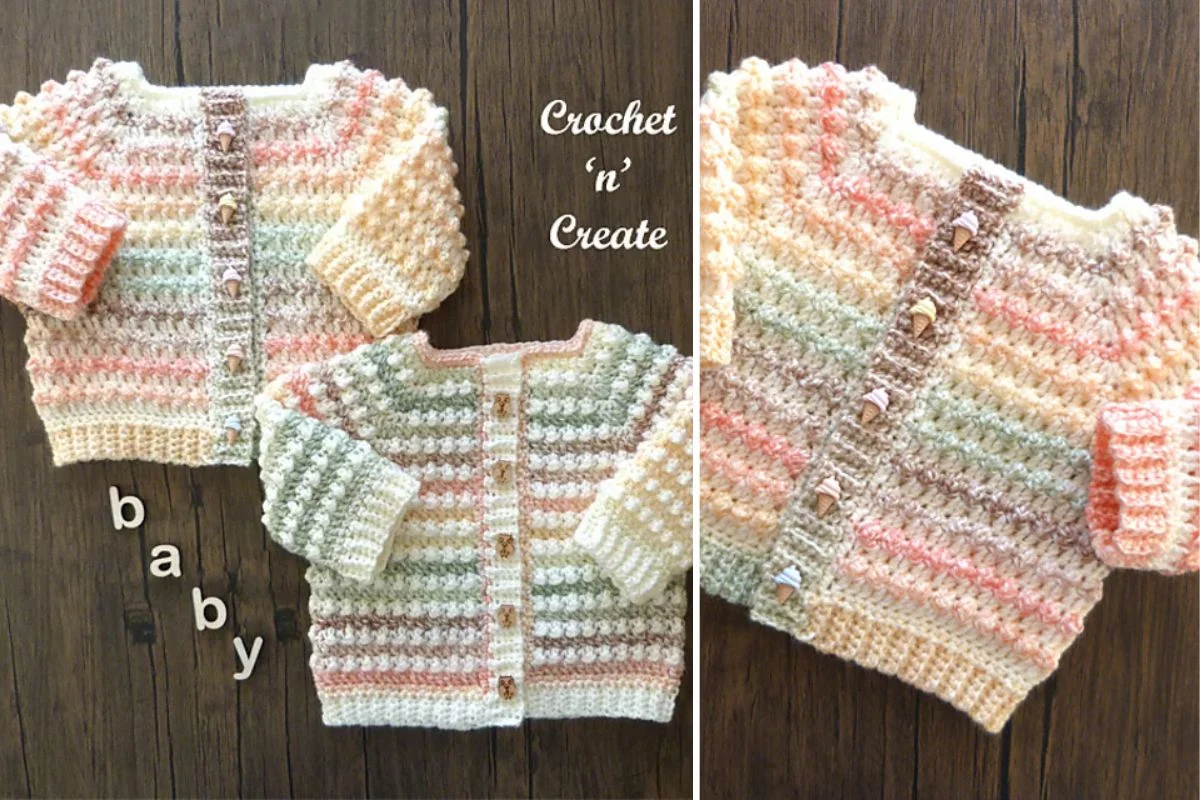 Two pastel-colored crocheted baby cardigans with button closures are displayed on a wooden surface, with the words "Crochet 'n' Create" and "baby" beside them.