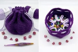 A purple crocheted drawstring bag with white accents is shown closed and open, holding colorful polyhedral dice; yarn skeins, dice, and a crochet hook are nearby.