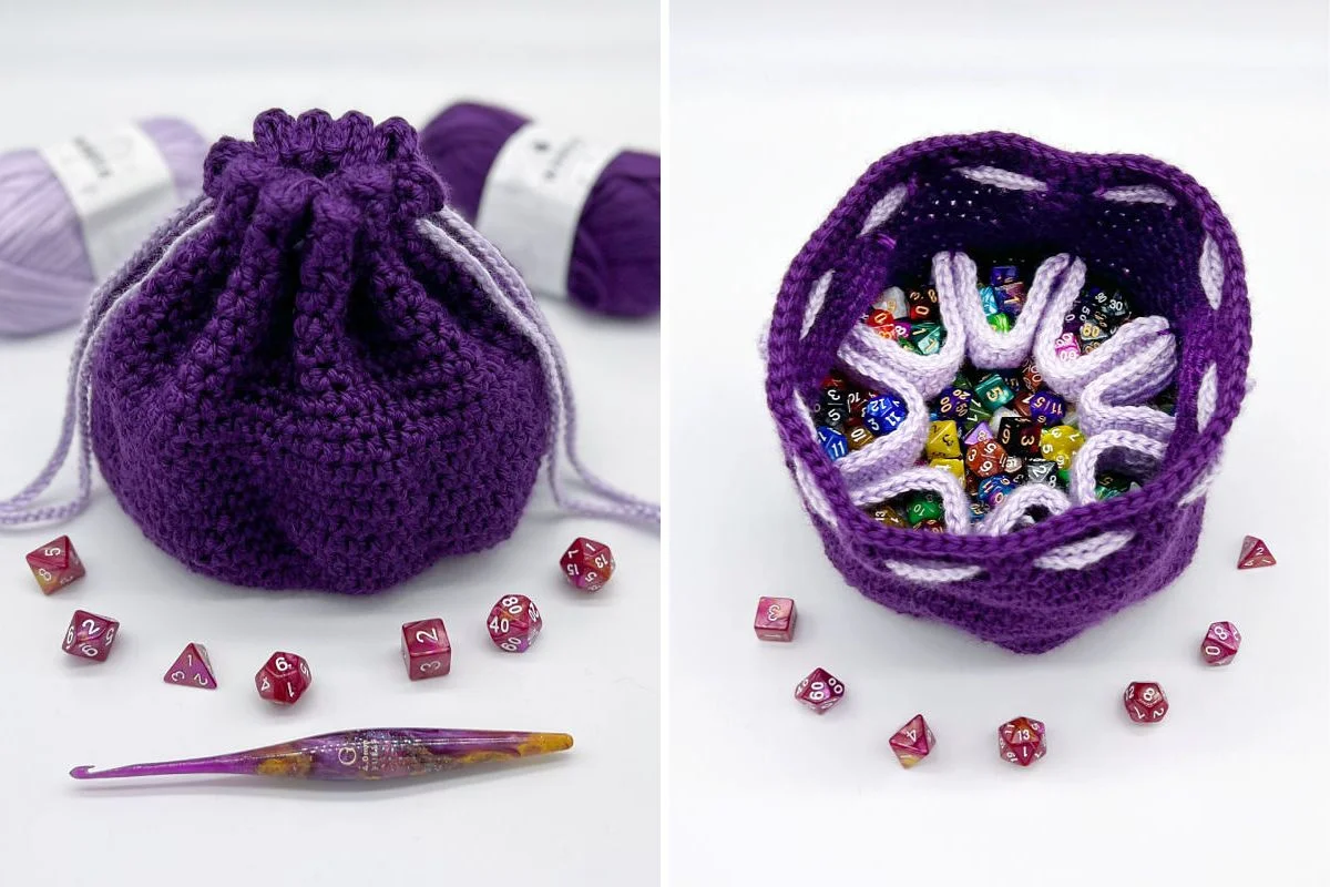 A purple crocheted drawstring bag with white accents is shown closed and open, holding colorful polyhedral dice; yarn skeins, dice, and a crochet hook are nearby.