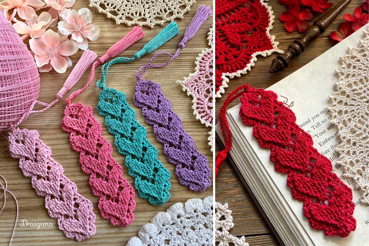 Four crocheted bookmarks in pastel and red colors are displayed on a table; one red bookmark is placed inside an open book next to crochet decorations and yarn.