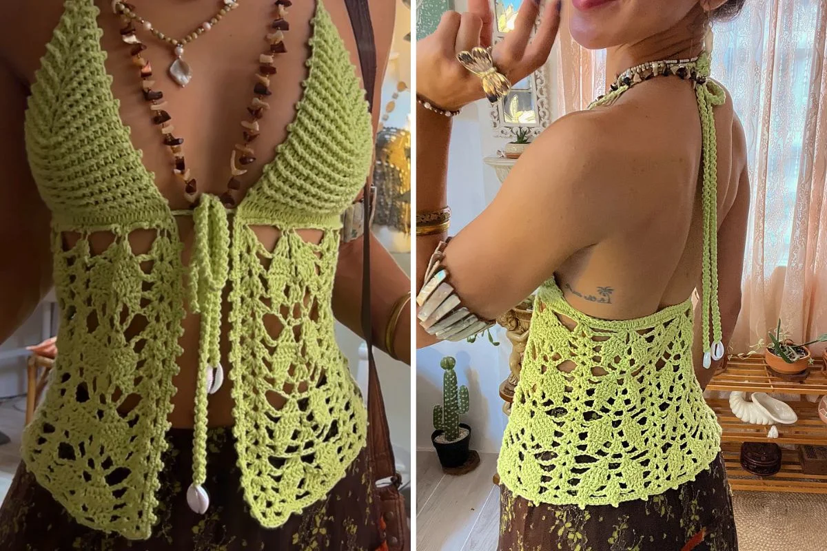 A woman wears the handmade Leaf Drop Top, a light green crochet halter featuring an open front tie and shell details, shown from the front and back.