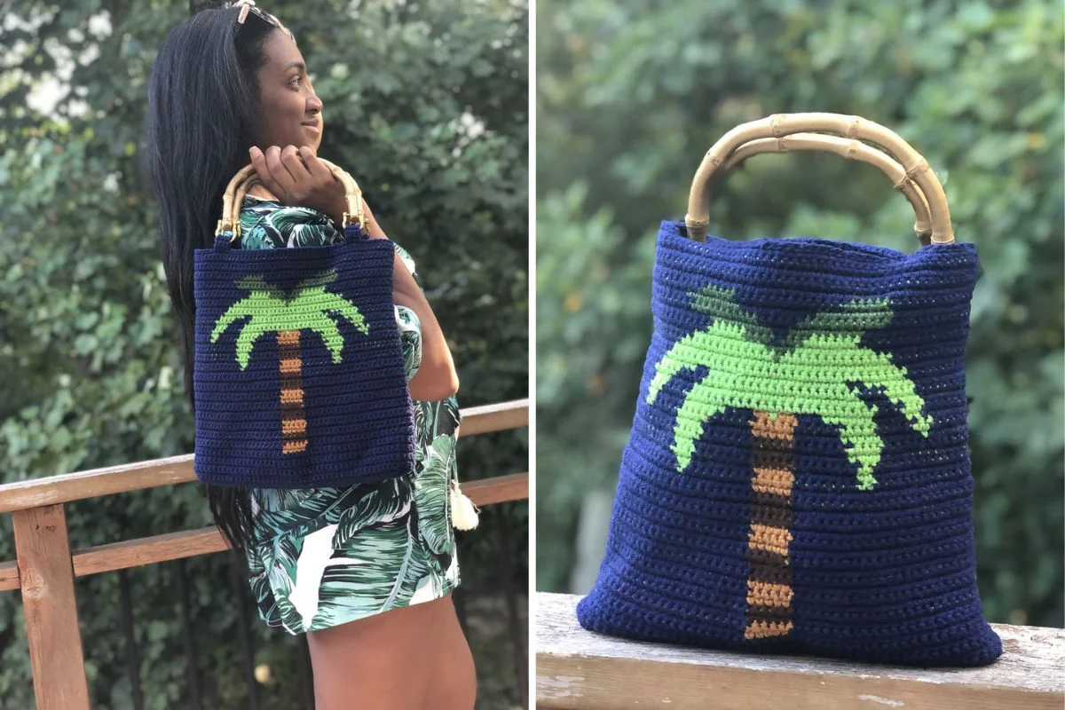 A woman holds a navy blue crocheted bag with a bamboo handle and a green palm tree design; close-up of the bag shown on the right.