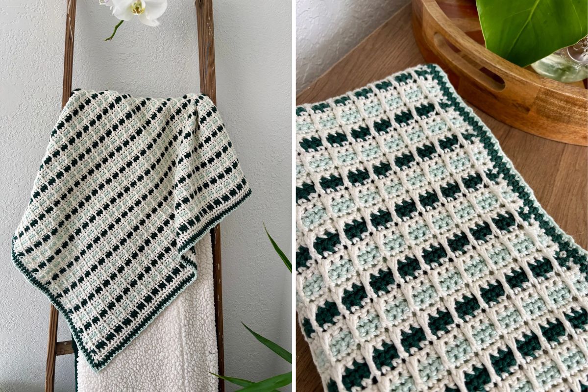 A crocheted blanket with a white and green geometric pattern is draped over a wooden ladder; a close-up shows the detailed stitch work.