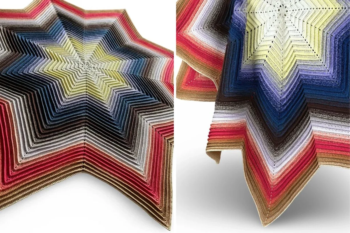 Two multicolored, star-shaped crocheted blankets with layered stripes in various shades, including the vibrant Radiant Star Blanket, are displayed on a white background.