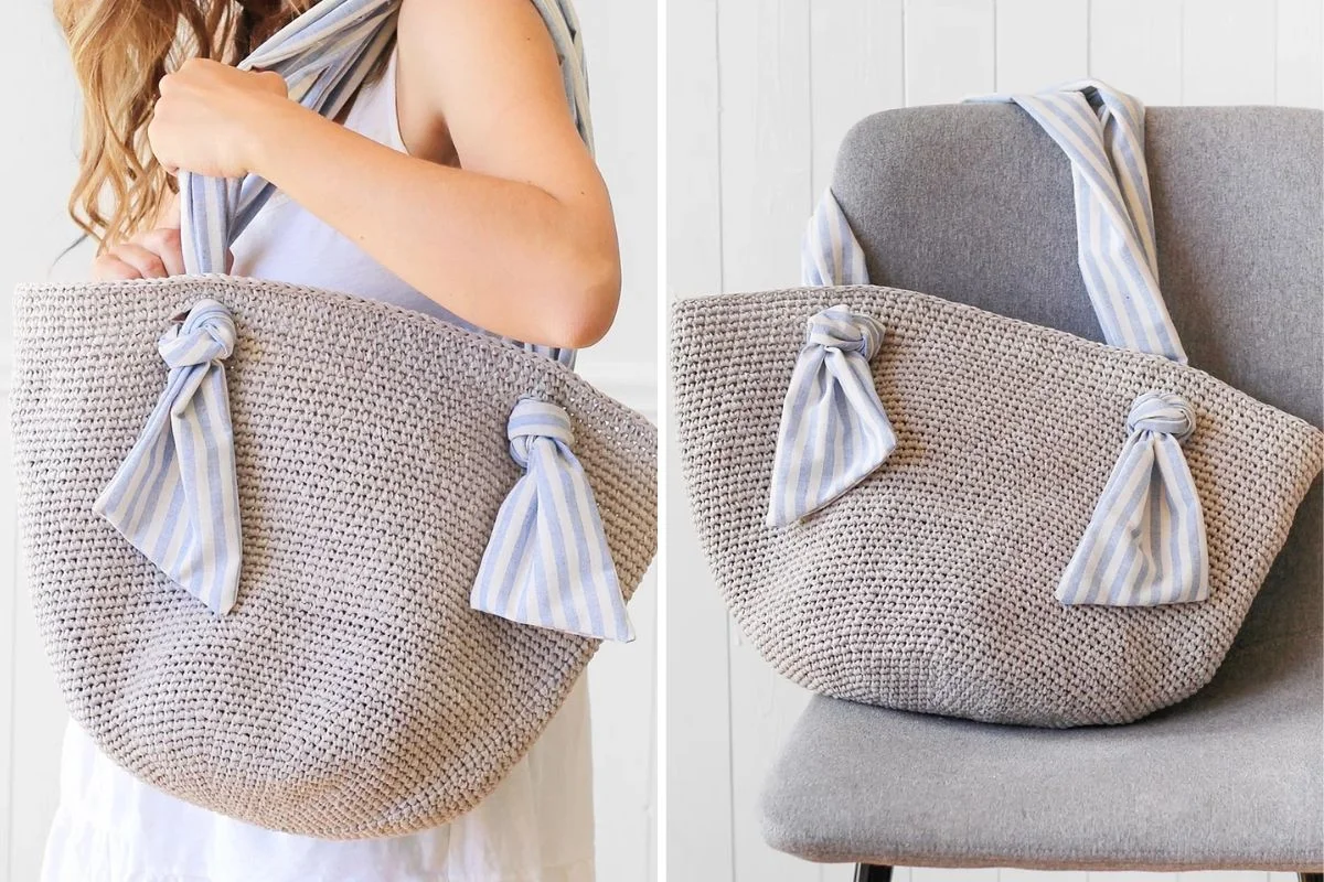 A person holding the Spencer Market Bag, a light gray woven tote with blue and white striped fabric handles, shown again resting on a gray chair.