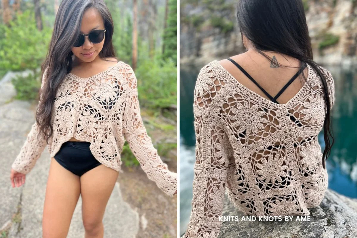 A woman wearing sunglasses and a black bikini with a beige, long-sleeve crocheted boho coverup, shown from the front and back, stands outdoors by water and trees—perfect for effortless boho summer style.