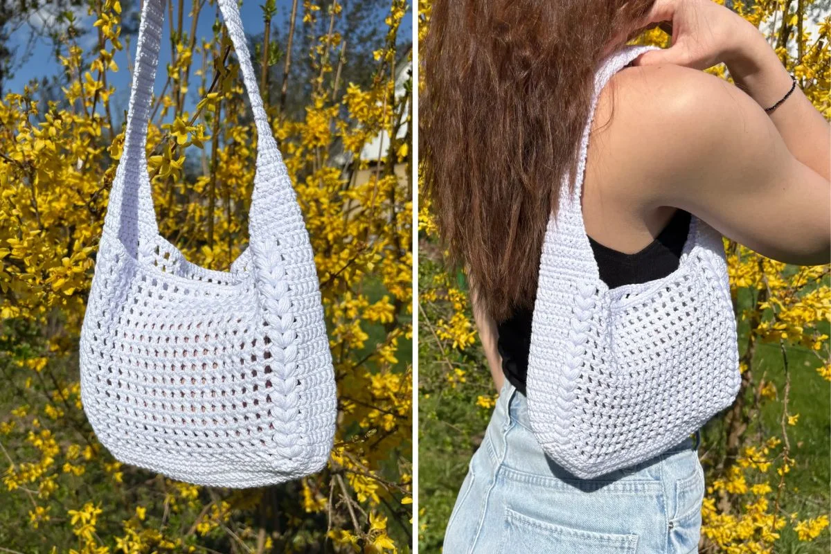 A white crocheted Summer Net Bag is shown hanging on a branch in the left image and worn over the shoulder by a person in the right image, with yellow flowers in the background.