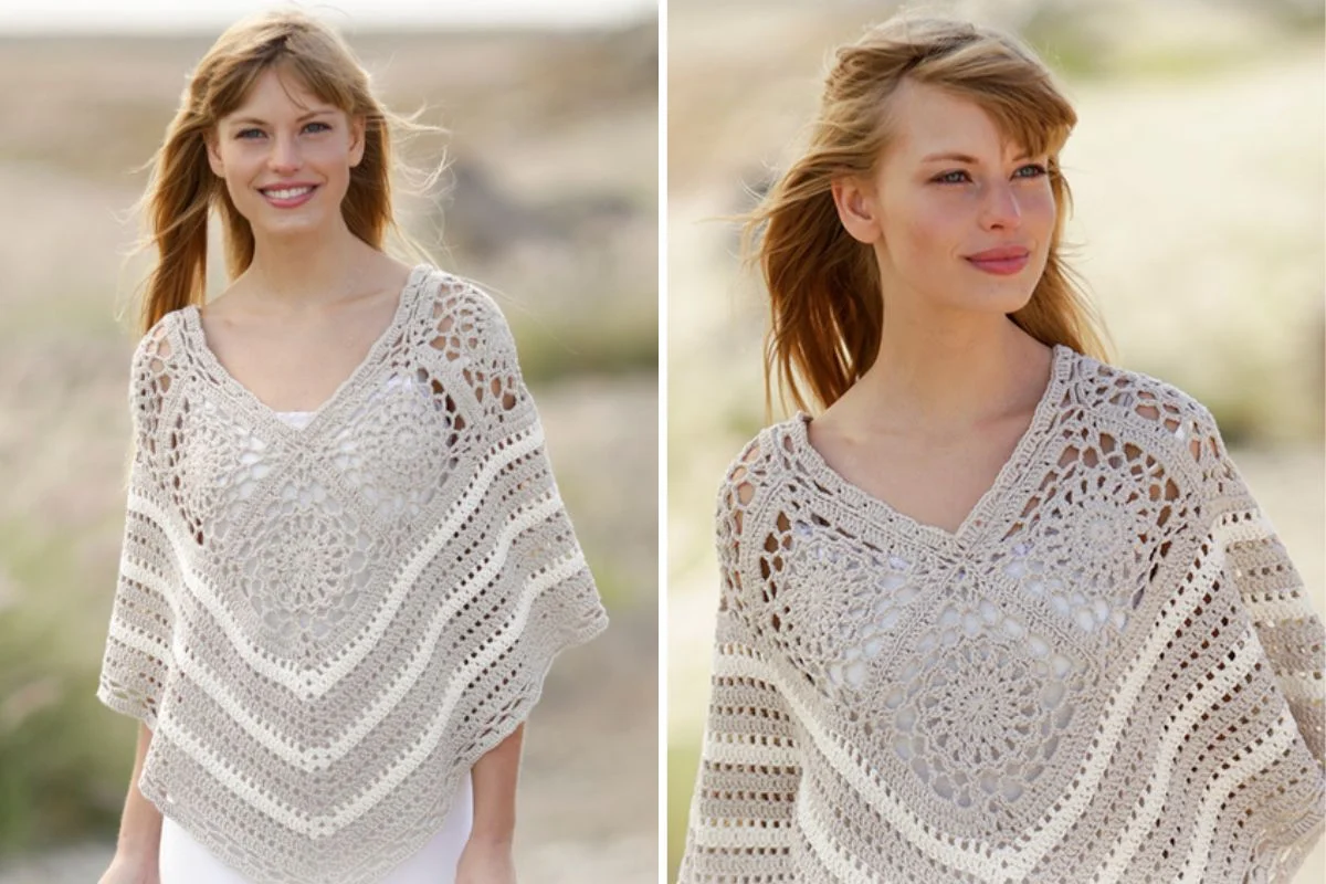 Woman wearing a light beige, crocheted Sweet Martine poncho with a floral pattern, standing outdoors in a natural setting.