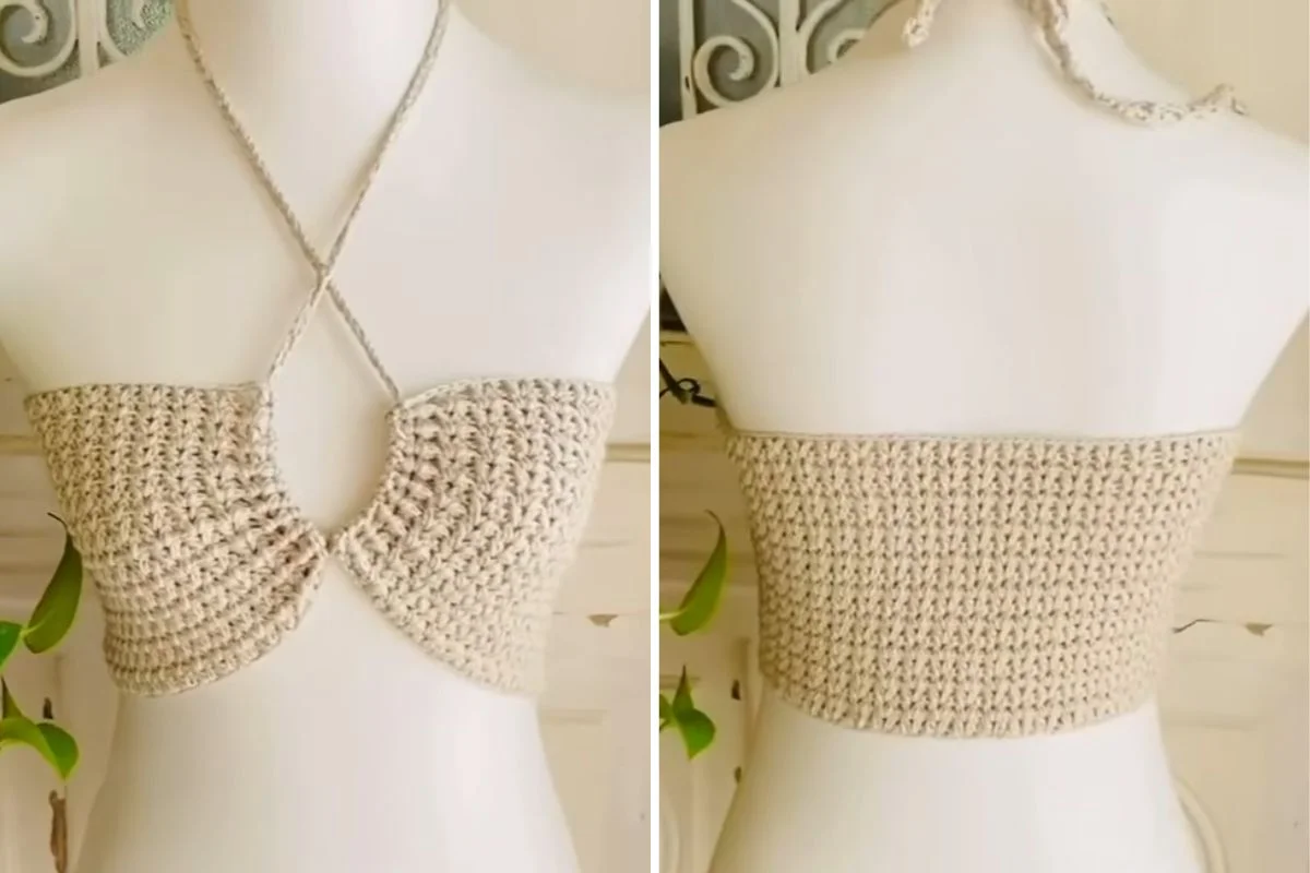 Mannequin wearing a handmade, beige crochet halter top with a twisted front design and open back, crafted from an elegant crochet pattern and shown from both front and back angles.