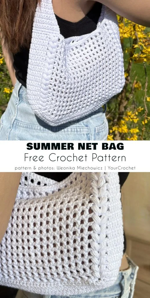 A person wearing a sleeveless top and jeans carries a white crocheted net bag. Text reads, “SUMMER NET BAG Free Crochet Pattern.”.