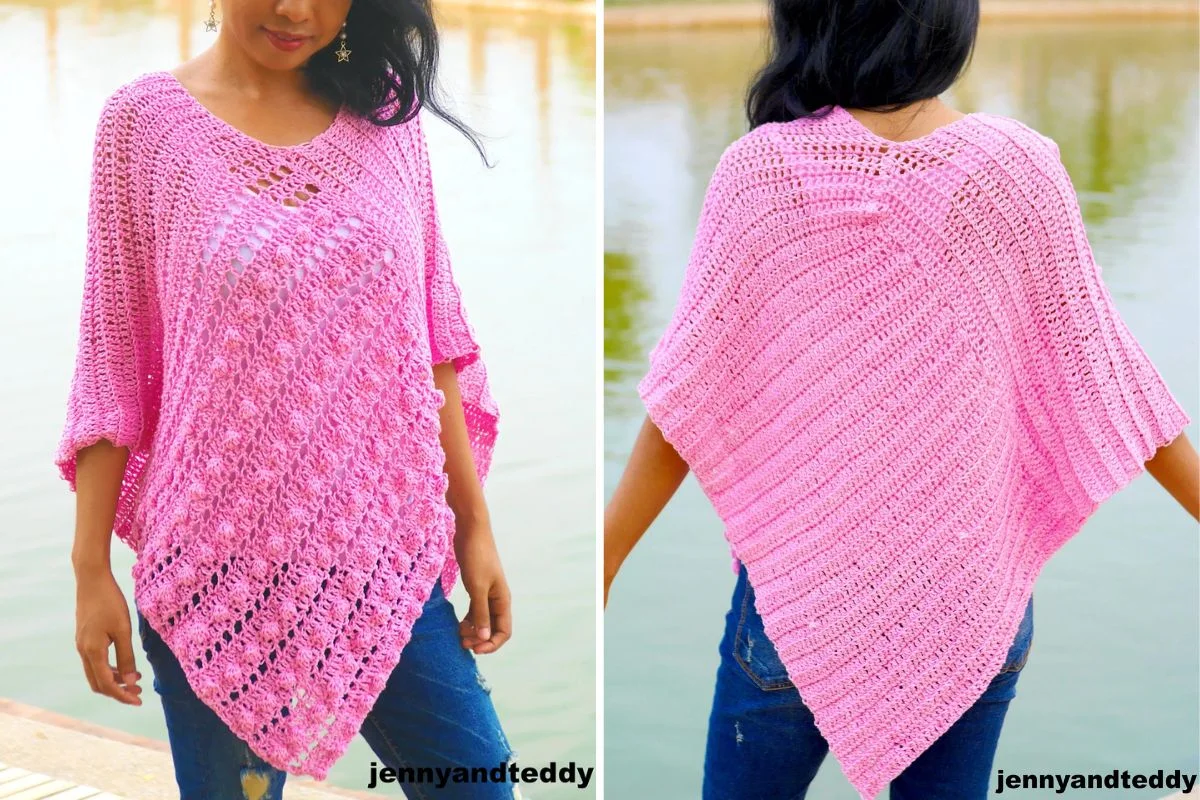 A woman wears a bubble gum pink crocheted poncho with a lace pattern, shown from the front and back, standing outdoors near water. This easy poncho adds a playful touch to her look.