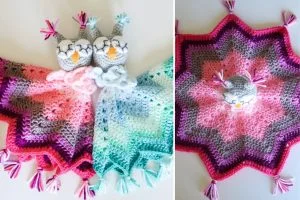 Two crocheted owl lovey blankets with star-shaped patterns in pink and green shades, each featuring an owl head at the center and tassels on the corners—a sweet Baby Lovey perfect for cuddles.