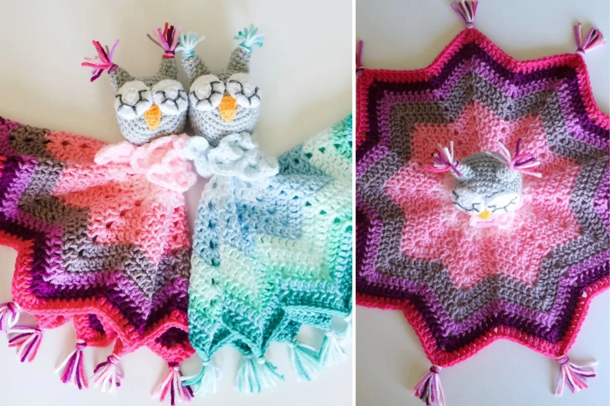 Two crocheted owl lovey blankets with star-shaped patterns in pink and green shades, each featuring an owl head at the center and tassels on the corners—a sweet Baby Lovey perfect for cuddles.