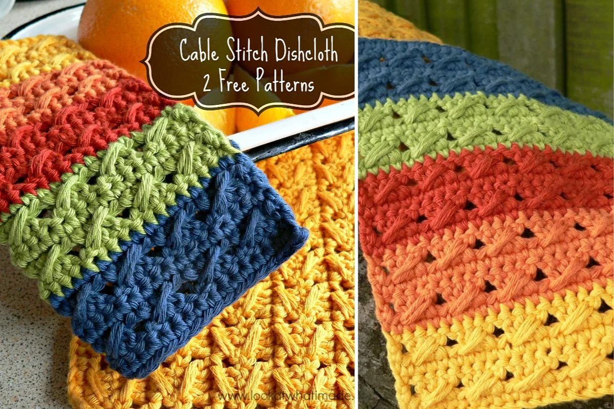multicolored crochet dishcloths with a cabled design