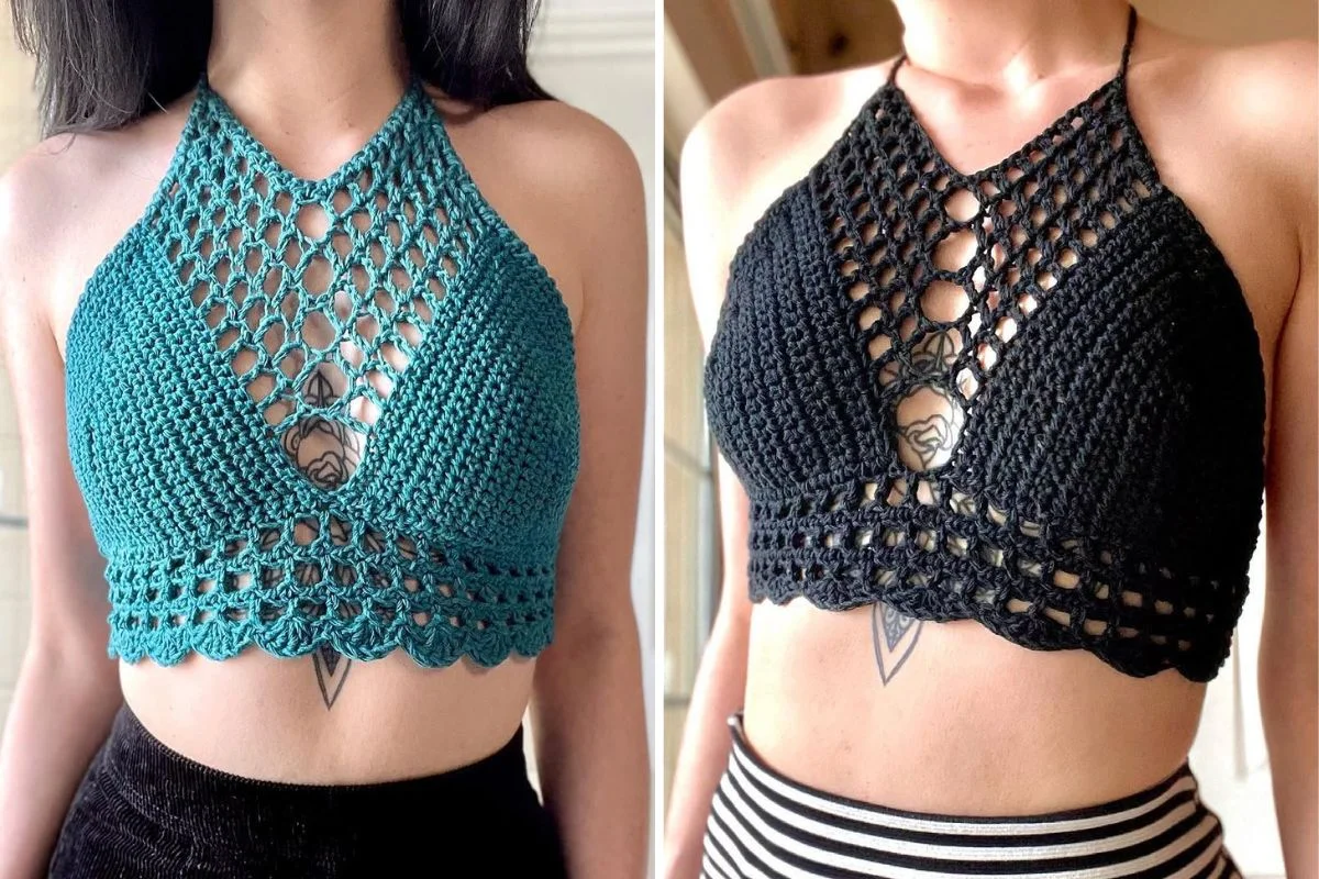 woman dressed in two crochet crop tops with a mesh neckline section in teal and in black