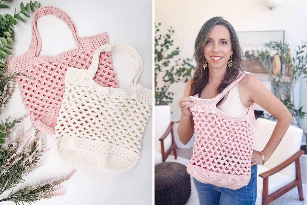 Two crocheted tote bags, including the Circle Leaf Market Bag in pink and a cream one, are displayed on the left. On the right, a woman smiles while holding the pink bag indoors.