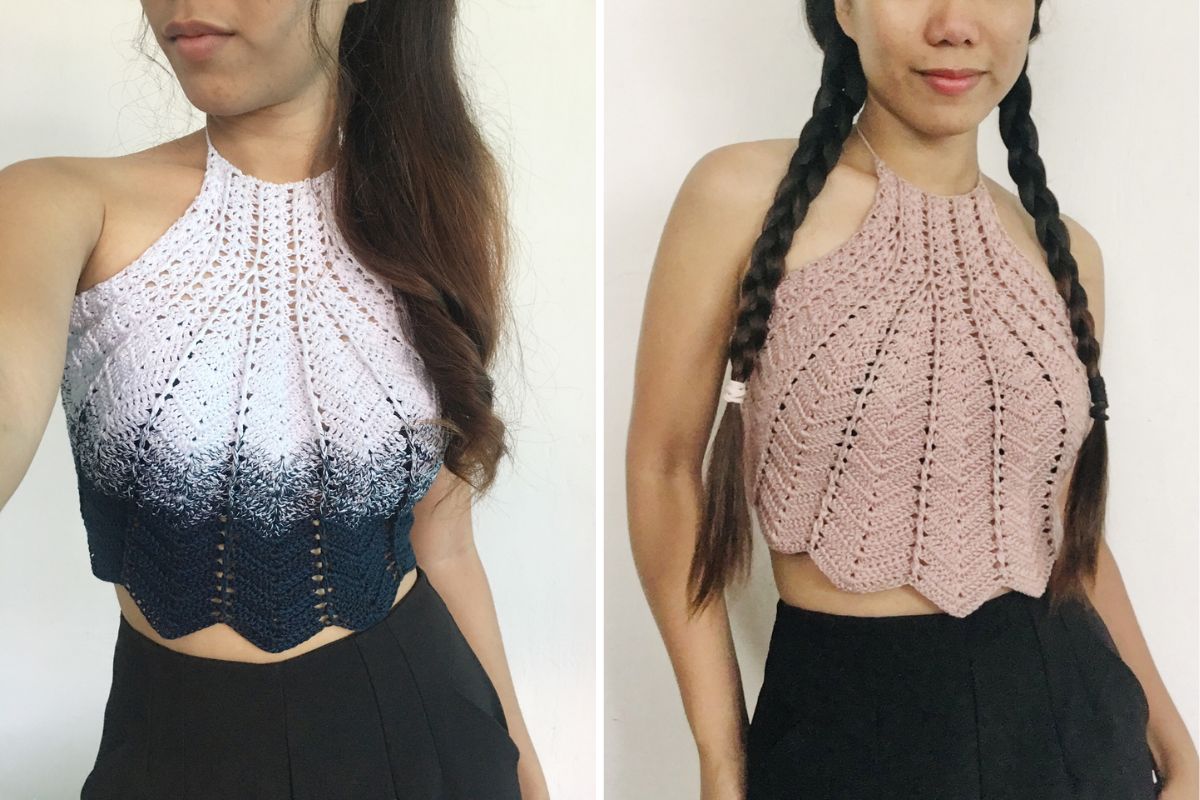 a woman dressed in a fancy crochet top in a light pink color and in a top with an ombre white-grey-black colorway on the other picture