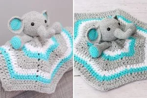 A crocheted elephant lovey with a gray, white, and teal hexagonal blanket body, similar in charm to the Hug Me Unicorn Lovey, displayed on a chair and a white wooden surface.